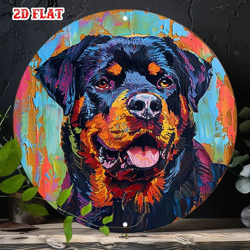 2D Flat,Rottweiler Dog Face Wall Decor，Retro Pop-Art Style Metal Plaque with Black, Brown, Tan & Golden Rottweiler Puppy/ Dog