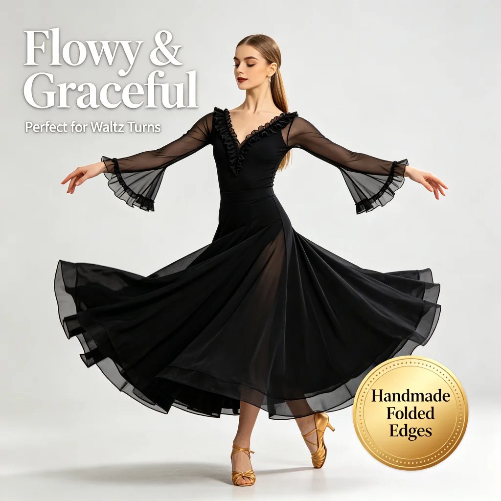 Elegant Ballroom Dance Dress for Women V-Neck Ruffle Long Sleeve Flowy A-Line Waltz Tango Standard Dancewear Costume