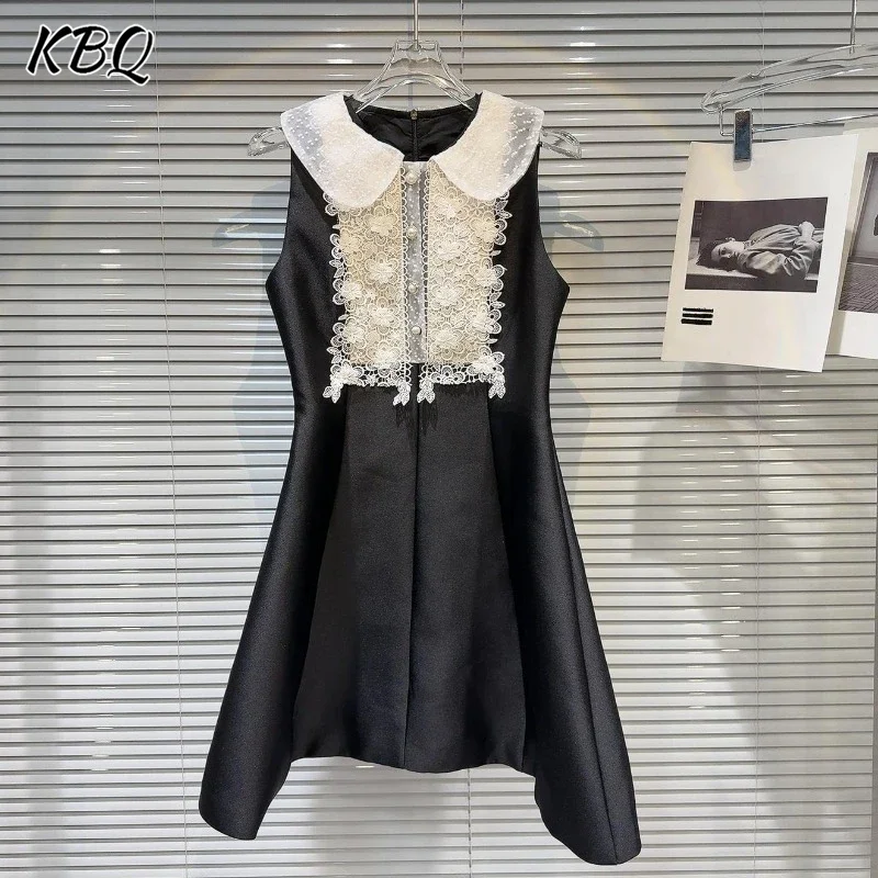 

KBQ Temperament Slimming Mesh Dresses For Women Lapel Sleeveless Tunic Spliced Pearl Elegant A Line Dress Female Fashion Style