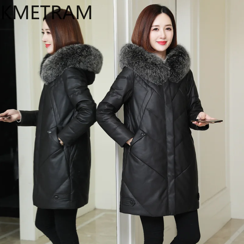 100 % Schaffell-Daunenmäntel für Damen, echtes Leder, schwarze Pufferjacke mit Kapuze, Fuchspelzkragen, 2025, Winterkleidung für Damen