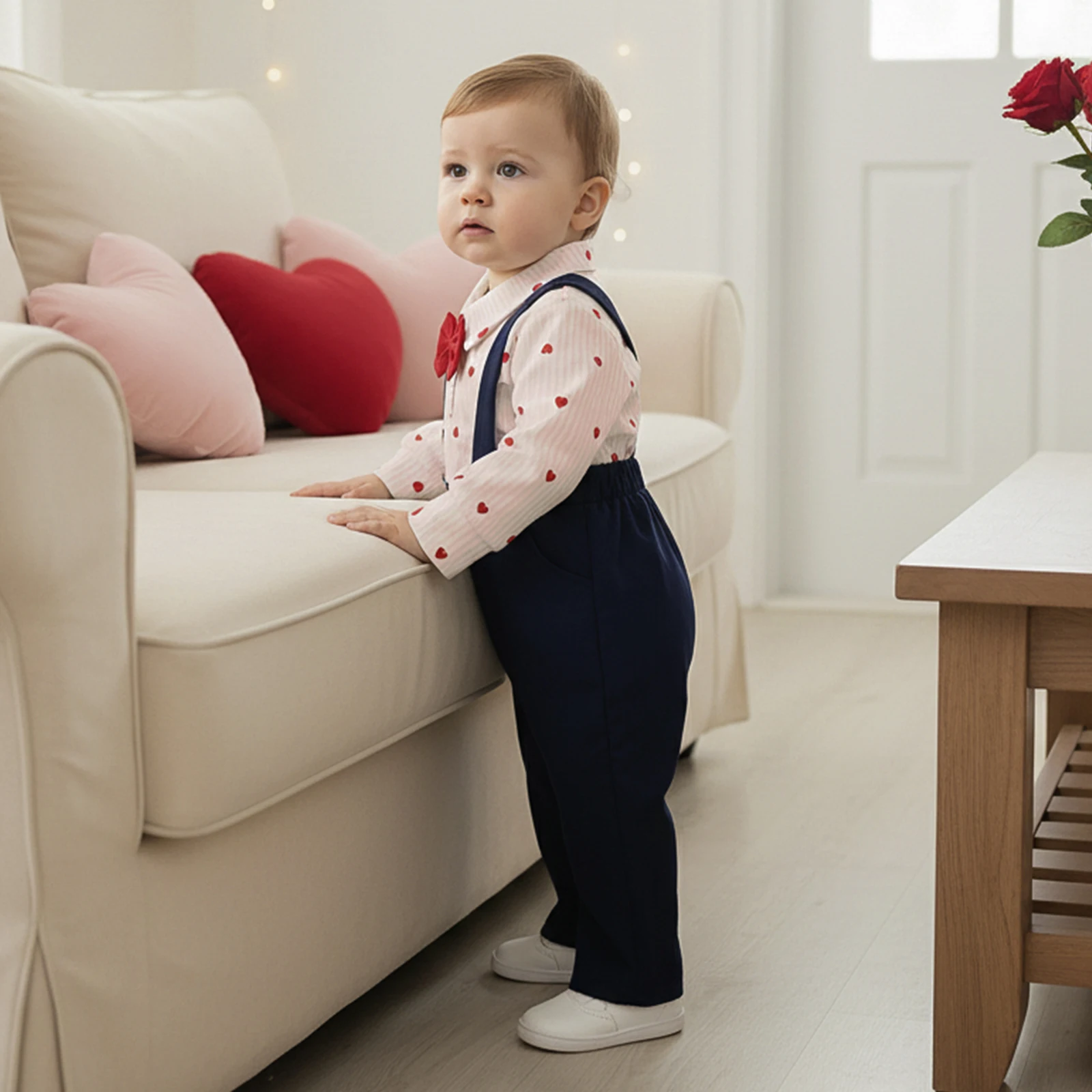 الرضع الصبي شهم 2 قطعة الزي طويلة الأكمام التلبيب الرقبة العلوي زر ربطة ديكور قميص رومبير وسراويل الحمالة