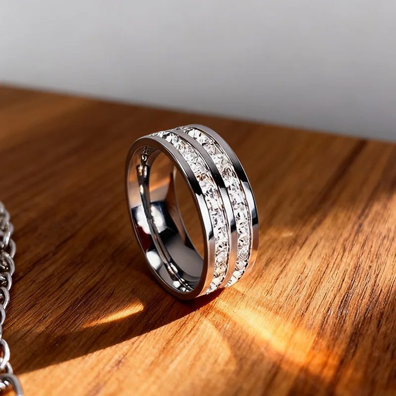 NEW Rose Gold Color Double Row Square Zircon Stainless Steel Ring for Women Romantic Engageme Wedding Party Jewelry Female
