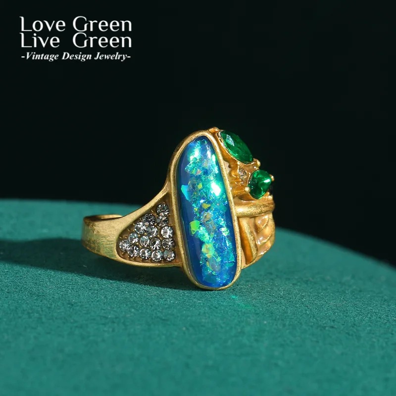 

Vintage Aobao Retro Dopamine Blue Shell Rings Gold Color Shape Luxury Rhinestones Antique Jewelry Accessories Wedding for Women