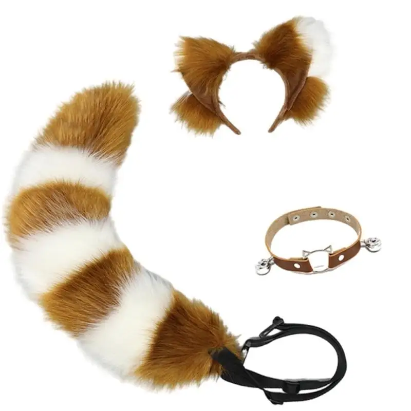 39BD Animal Tail Foxes Ears Hairband Bells Collar Necklace Foxes Tail Adjustable Belt Anime Cosplay Accessories for Woman Man