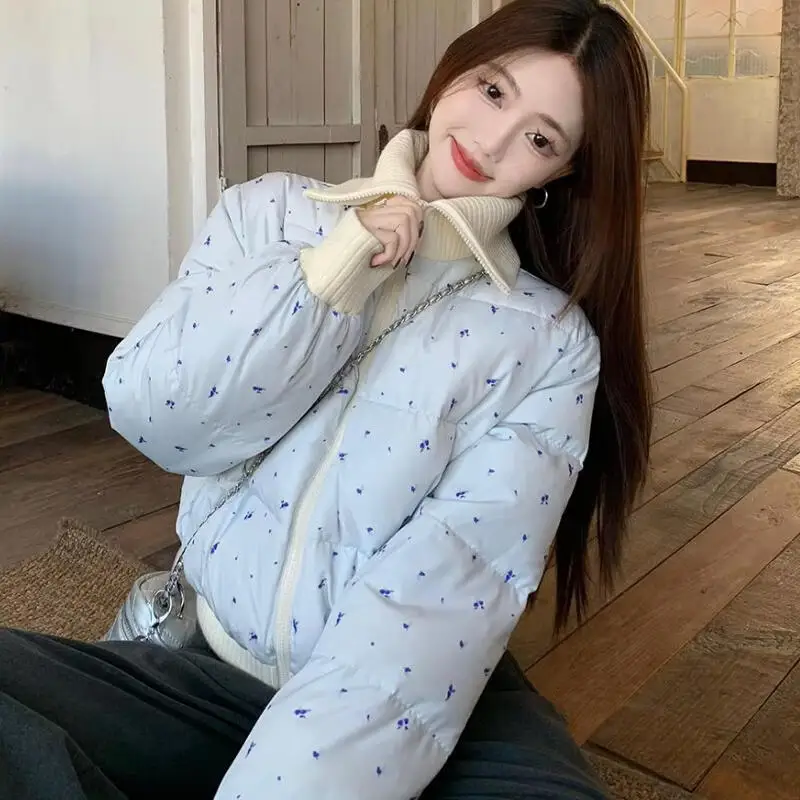 

Korean Style Women's Splice Bread Down Jacket Cotton-Padded Jacket Printing Winter Thickened Girl's Student Puffer Jacket Coat