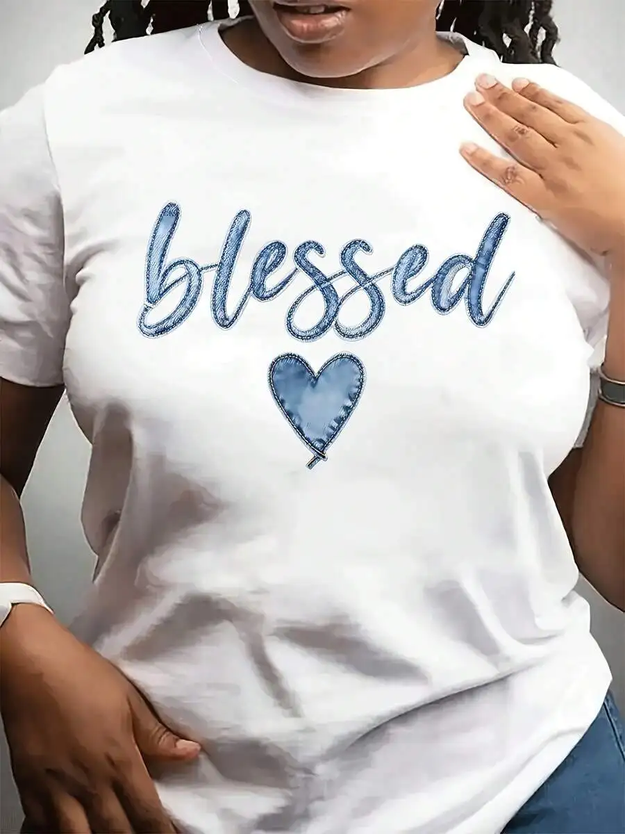 

Women Round Neck Casual Short Sleeve T-Shirt With Heart Print