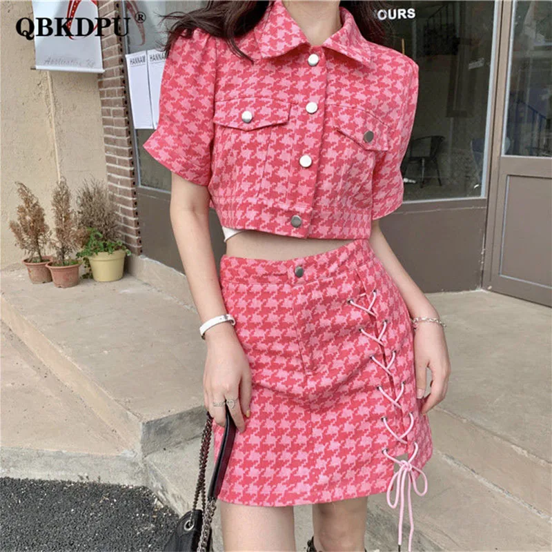 

Streetwear Houndstooth Set Women Sexy Short Sleeve Cropped Jacket And Bandage A-Line Mini Skirt Suits Girls Chic Two Piece Set