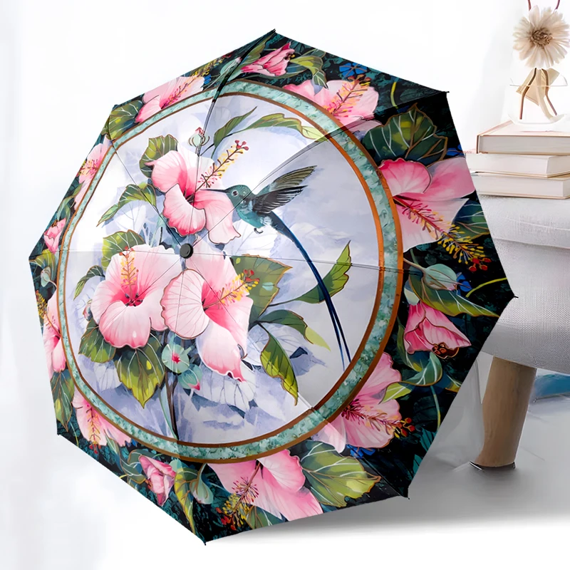 Flowers Theme Design Folding Umbrella - Fashionable Auto-Open Design 8 Iron Ribs Plastic Handle Foldable Sunshade，Perfect Gifts
