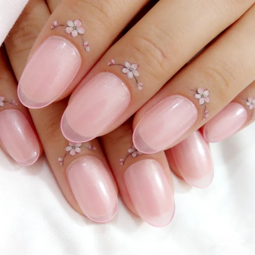 

Acrylic False Nail With Glue Short Press On Fake Nails For Woman Translucent Pearl Pink Oval Shaped Finger Manicure Accessory