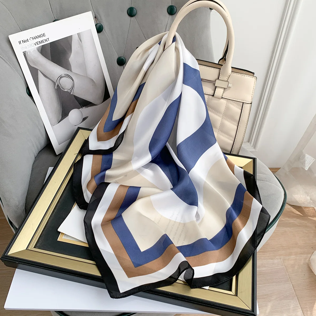 2023 New 70x70cm Women Multifunction Polyester Silk Scarf Elegant Stripes Prints Casual Satin Small Square Wraps Scarves Shawl