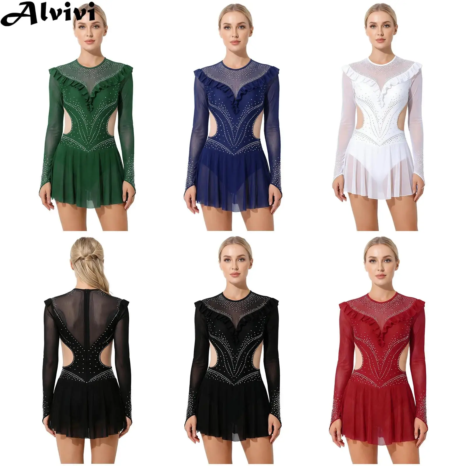 Women Figure Skating Dress Ballet Gymnastics Acrobatics Lyrical Latin Dance Costume Long Sleeve Rhinestone Mesh Leotard Tutu
