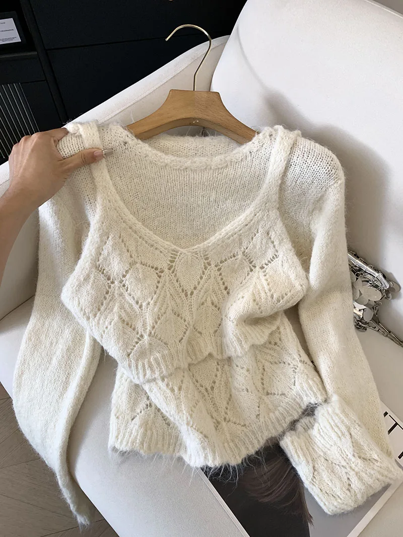 Свободный полый вязаный свитер в ленивом стиле, комплект из двух предметов, топ для женщин, новинка осени/зимы 2025 г.