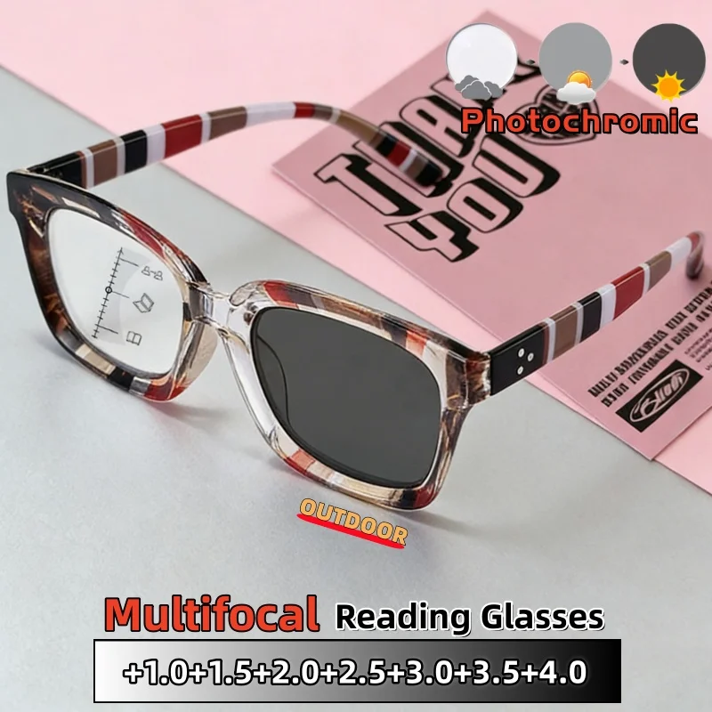 Striped Frame Anti-blue Light Multifocal Photochromic Glasses Unisex Look Both Far and Near Fashionable Eyeglasses +1.0 To +4.0