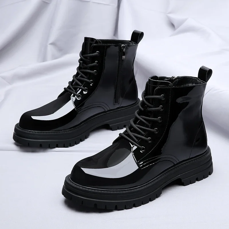 Men\'s High-top Fashion Glossy Shoes New Motorcycle and Ankle Boots Waterproof Boots Men Leather Shoes Men Casual Boot Autumn