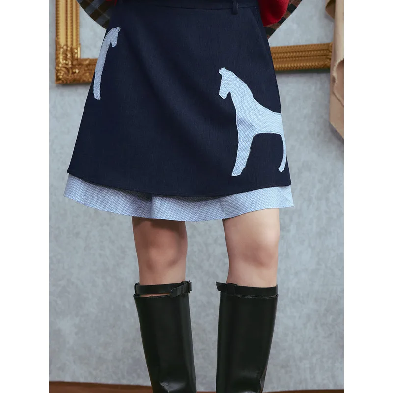 

High Waist Plaid Patchwork Skirt with Lanyu Light-Picking Appliqué embroidery
