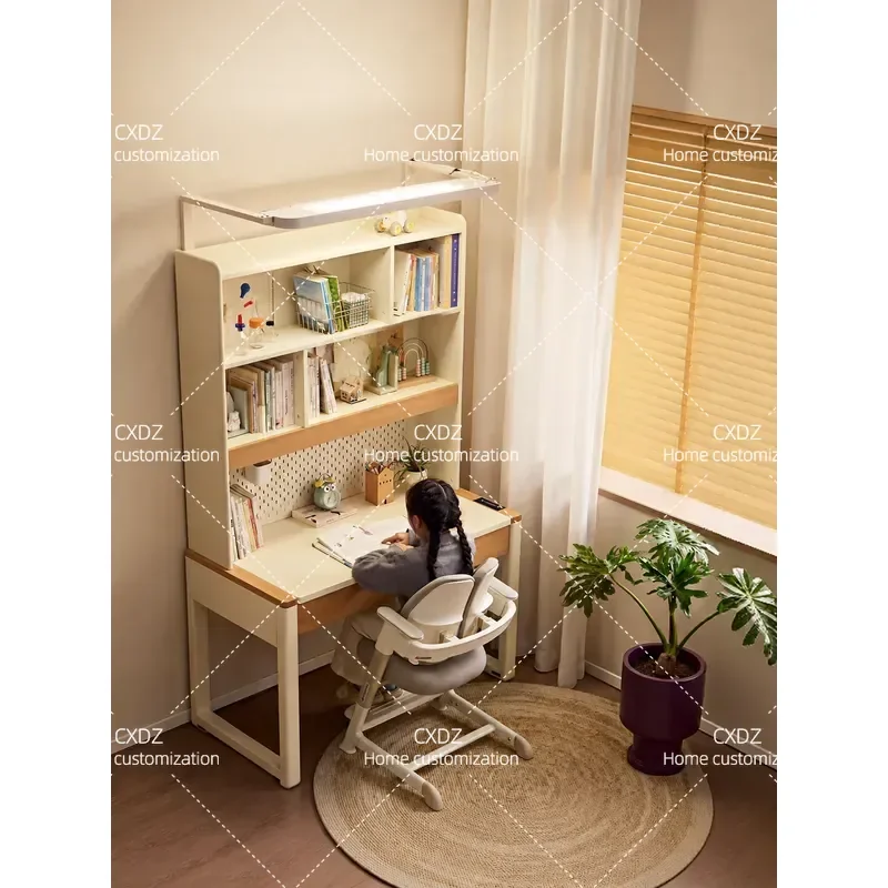 Modern Simple Student Desk with Bookshelf Integrated Study Table and Chair Set with Eye Protection Light for Home Office