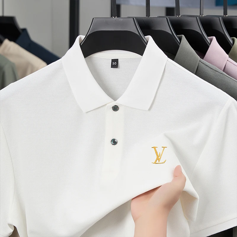 الفاخرة جودة الرجال قميص بولو التلبيب تي شيرتات قصيرة الاكمام الصيف جديد بلون التطريز بسيط موضة الأعمال ملابس رجالية