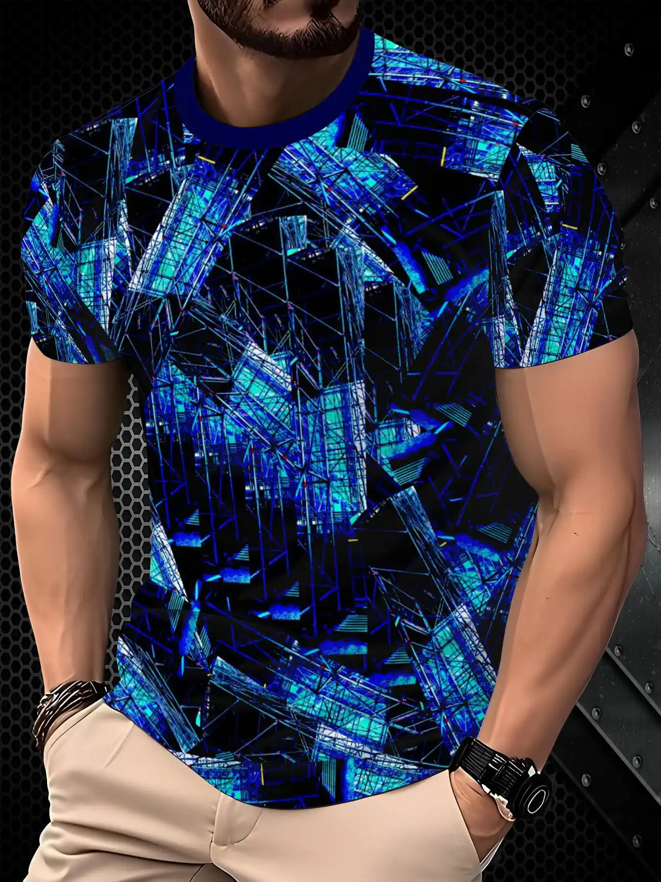 New men's short-sleeve T-shirt, loose-fitting and tailored with printed designs, versatile basic crew-neck top suitable for spri