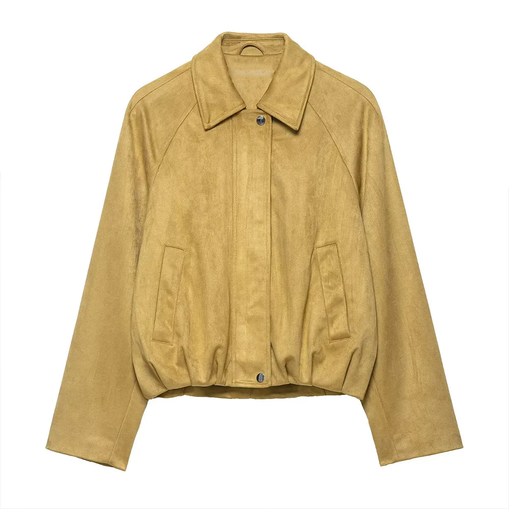 

ZBZA Woman's Loose Cropped Bomber Jacket Retro Lapel Zipper Long Sleeve Pocket Solid Color Pleated Jacket Early Autumn New Coat