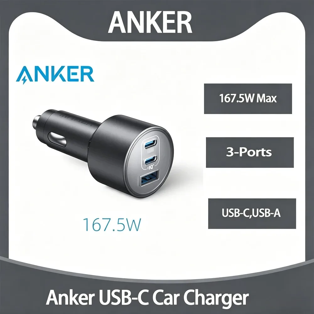 anker純正1675w-3ポートusb-cカーチャージャー-タイプc-usb-a急速充電アダプター-macbook、iphone、samsung、ノートパソコン、携帯電話対応