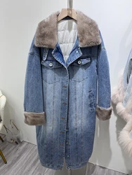 Winter Women's Denim Jacket Long Goose Down Natural Real Fox Fur Big Collar Coat Outwear Luxury Female Jacket