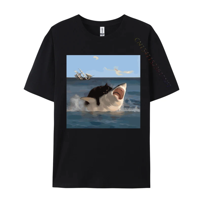 Cat Biting Shark Funny Art And Cat Lover Funny Cat And Shark Printed Cotton Men Tops Shirt Normal Tops Shirt Hip Hop T-Shirt