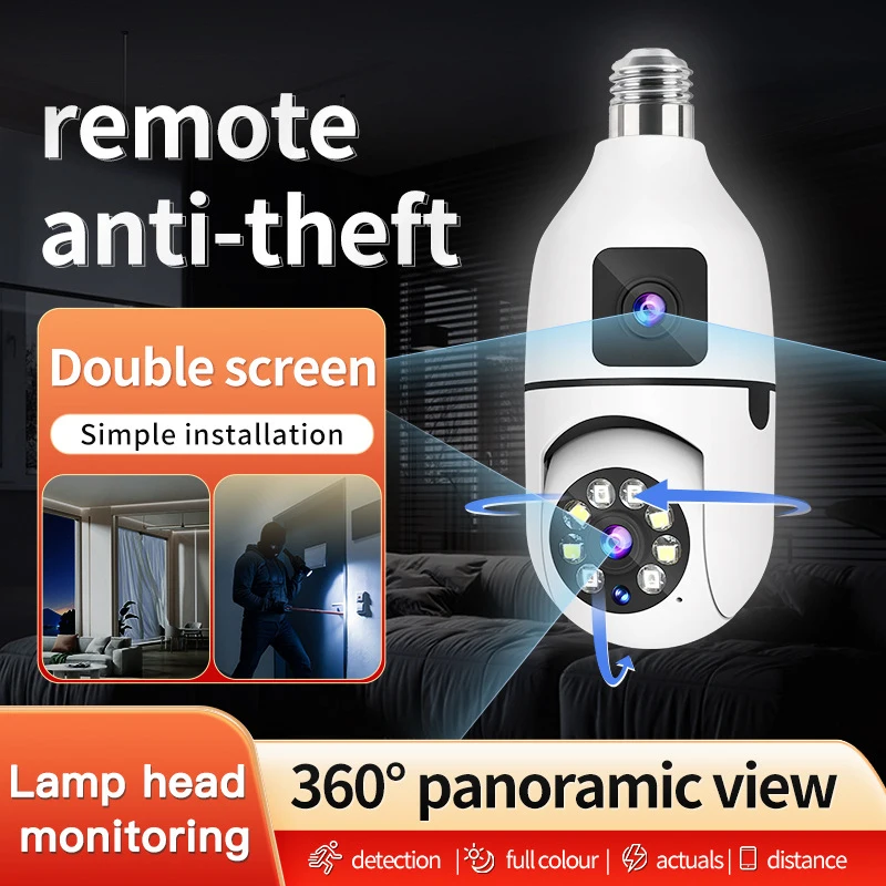 Dual Lens Bulb Camera APP WiFi 1080P Night Vision 360 PTZ Camera Human Tracking CCTV Security Monitor Two Way Talk