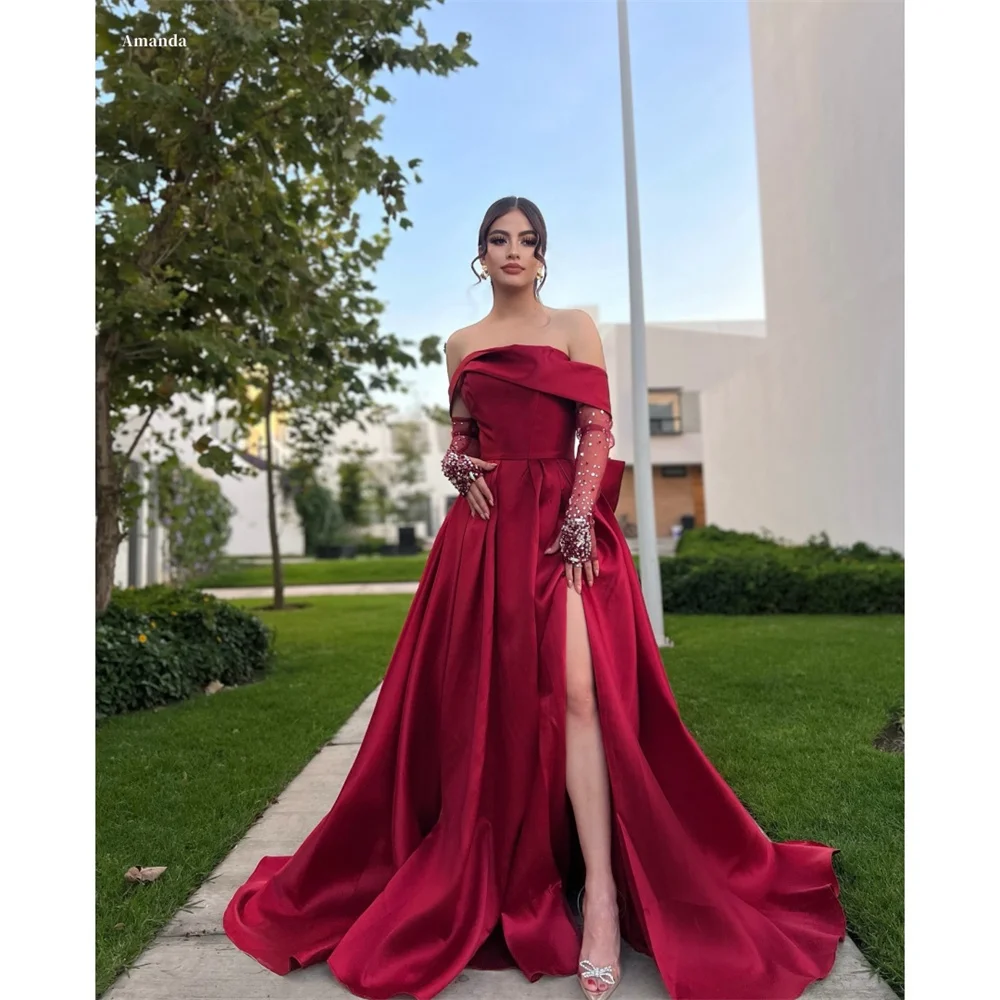 Amanda Customized Side High Split Long Trailing Off Shoulder Prom Dresses Bow vestidos de noche Mesh Gloves Formal Evening