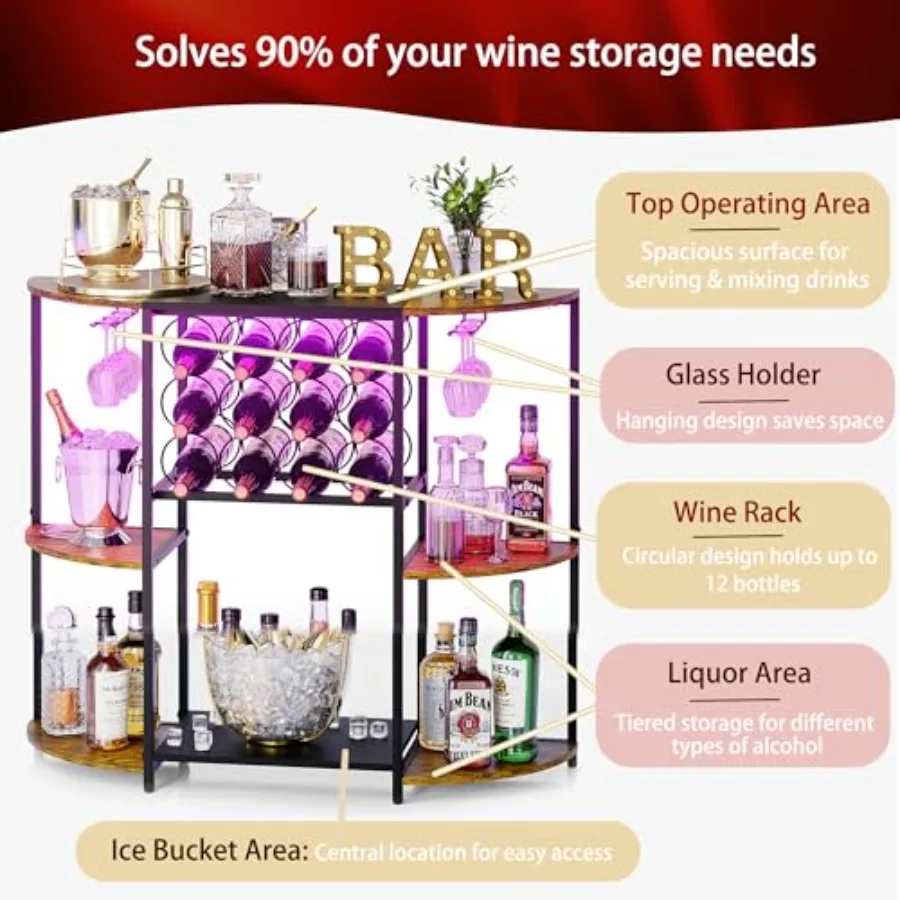 Wine Bar Cart with LED Lights for home bar use, rustic brown wood, 3-tier design with mini wine rack, storage and glass holder,