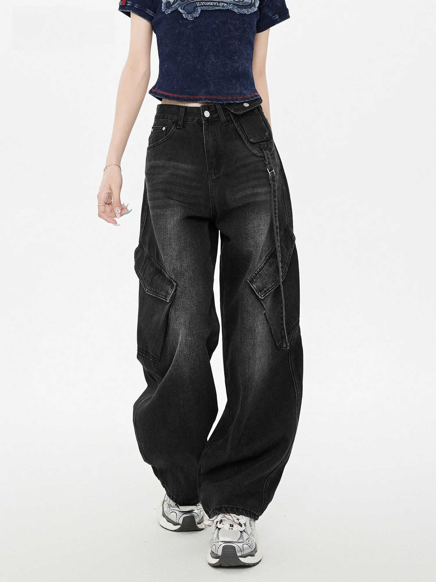 

EDX Women's Wide Leg Workwear Jeans Black Washed Slimming Spring Summer New Design Casual Style Fastening Zipper Natural Waist