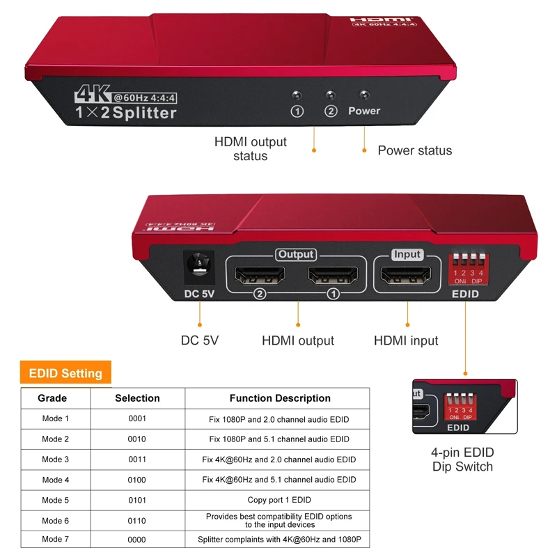 hdmi splitter 2 output 4k 60 cec 1 in 2 out simultaniously hdcp bypass full hd for extend screens edid manager scaler emulator