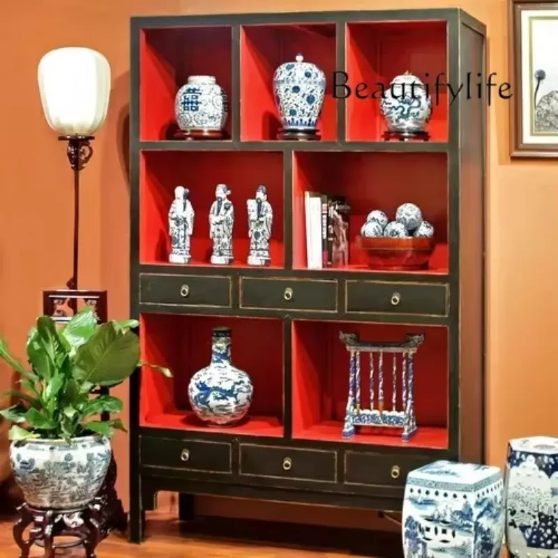 BJ Solid Wood Furniture 8-Drawer 9-Grid Antique Display Stand Bookshelf Bookcase Tea Room Display Stand