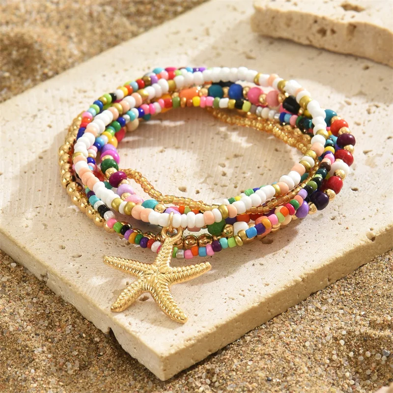 6PCS Bohemian Rice Beads Bracelet Set for Women Fashion Starfish Pendant Multilayer Bracelets Summer Party Jewelry Accessories