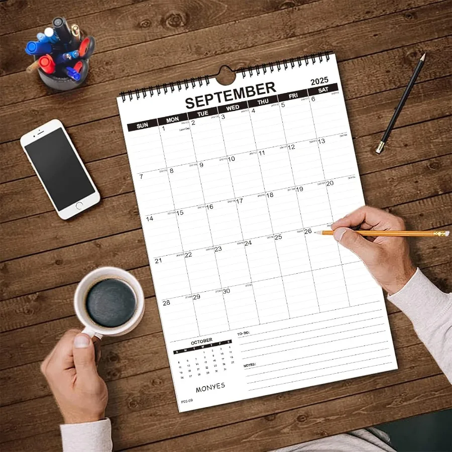 20252026 벽걸이 달력 17인치 x 12인치 학업용 달력 월간 달력 와이어 바인딩 및 걸이 고리 포함 대형 벽걸이 달력 책상용