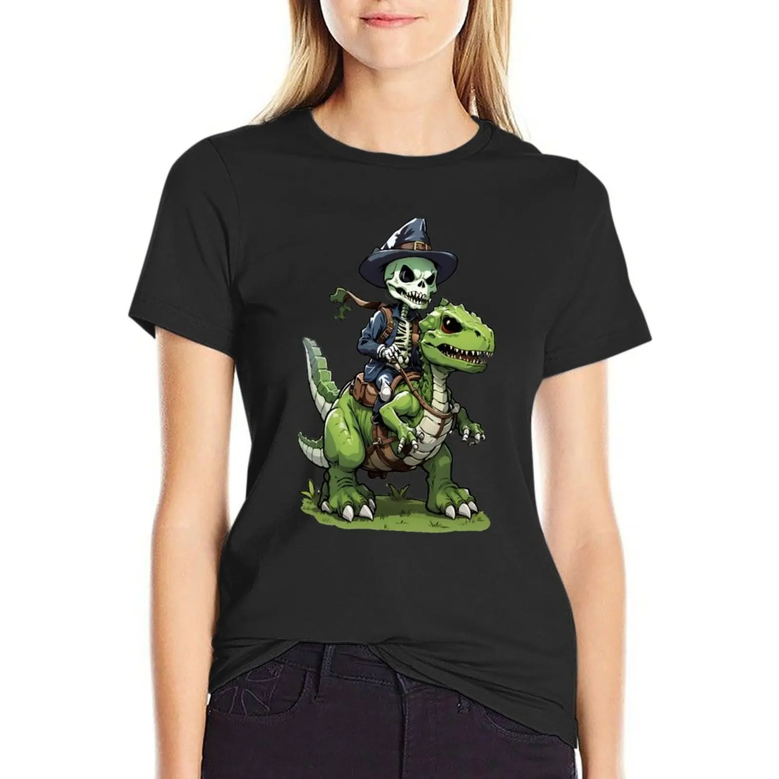 

Skeleton Riding Green Dinosaur T-Shirt vintage quick-drying shirts graphic tees t shirts for Women