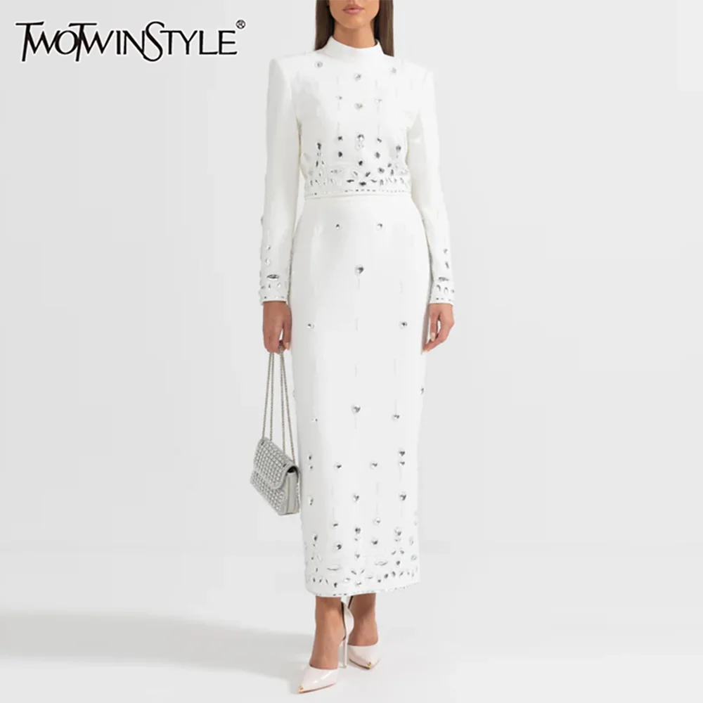 TWOTWINSTYLE Solid Spliced Diamonds Two Piece Set for Women O Neck Long Sleeve Top High Waist Skirts Sets Female Fashion New