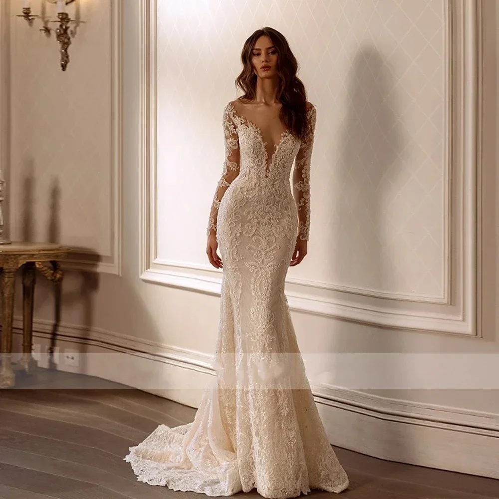 

Vinca Sunny Customized Sweetheart Wedding Dresses Backless Bridal Gowns Lace Appliques Long Sleeves Mermaid Vestidos De Novia