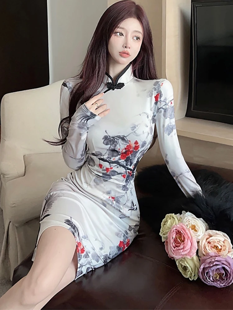 2024 weiß Floral Langarm Bodycon Mini Kleid Frauen Koreanische Vintage Cheongsam Kleid Herbst Winter Elegante Luxus Abendkleid