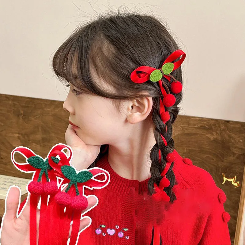 2PCS New Red Cherry Ball Ribbon Bow Hairpins Lovely Children Sweet Girls Hair Clips Barrettes Hairgrips Hair Accessories