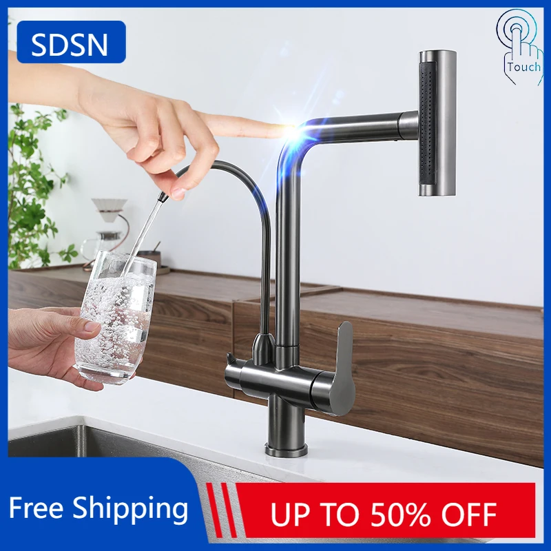 Grey Touch Filter Kitchen Faucet with Pull Down Hot Cold Waterfall Kitchen Sink Mixer Tap Touch Pull Out Kitchen Mixer Faucet