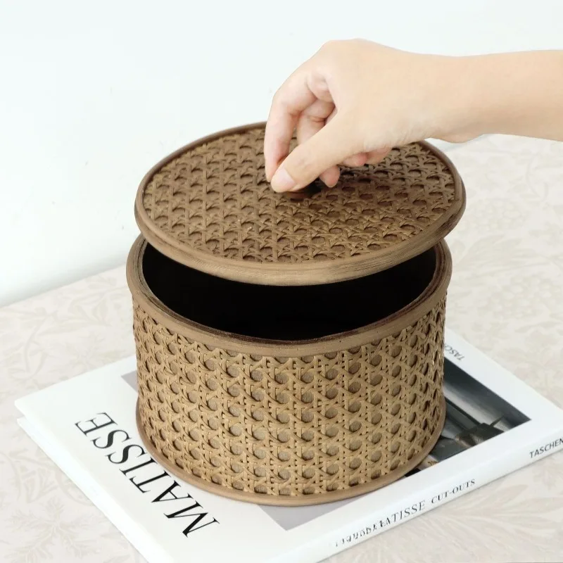 الروطان النسيج صندوق مجوهرات الرجعية قلادة قلادة حالة كبيرة صناديق تخزين المجوهرات الغبار حلقة أقراط حالات المجوهرات