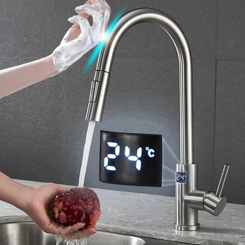 Matte Black Digital Touch Kitchen Faucet Hot Cold Pull Out Kitchen Sink Mixer Tap Smart Sensor Touch Digital Kitchen Faucets