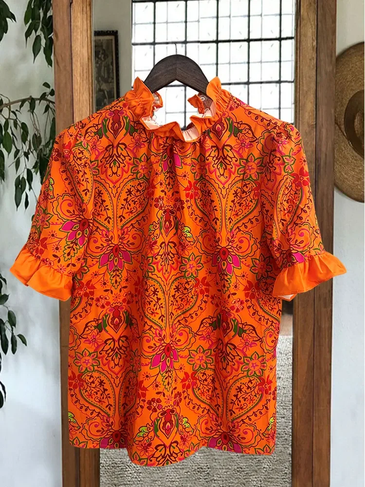 Women\'s Elegant Blouse Puff Sleeve Paneled Graphic Print Top
