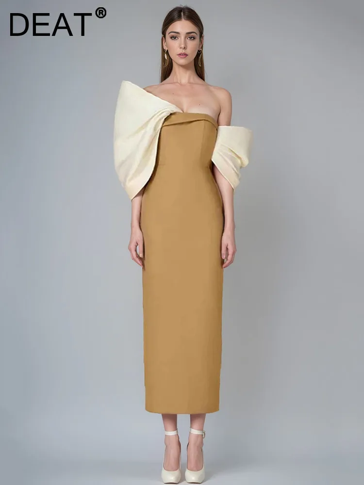 DEAT Fashion Women\'s Evening Dress Slash Neck Chest Wrapping 3D Bows Patchwork Slim Zipper Dresses Summer 2024 New Tide 7AB4037