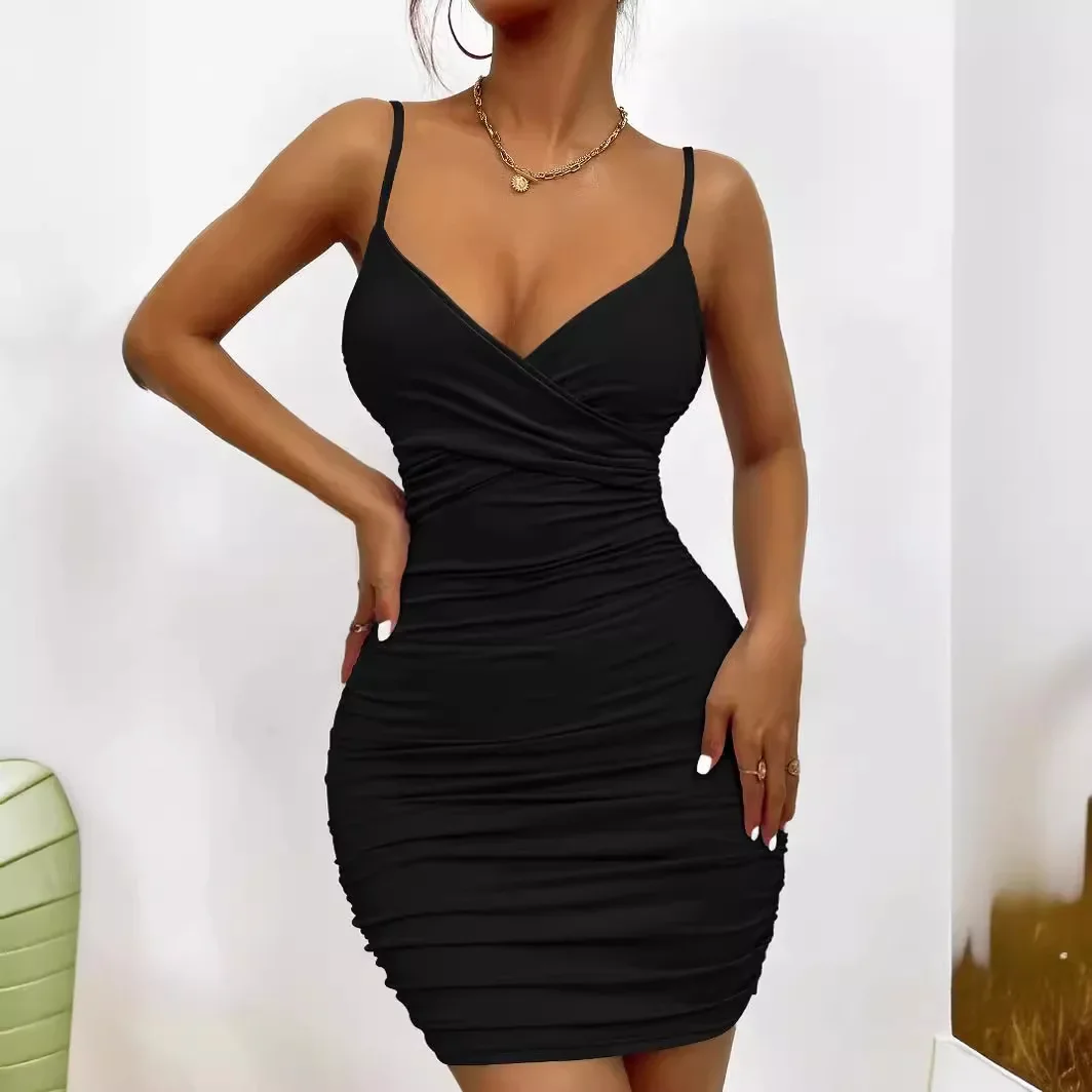 

2024 Spicy Girl Style Summer Sexy V-neck Backless Camisole Skirt Pleated Hip Hugging Dress