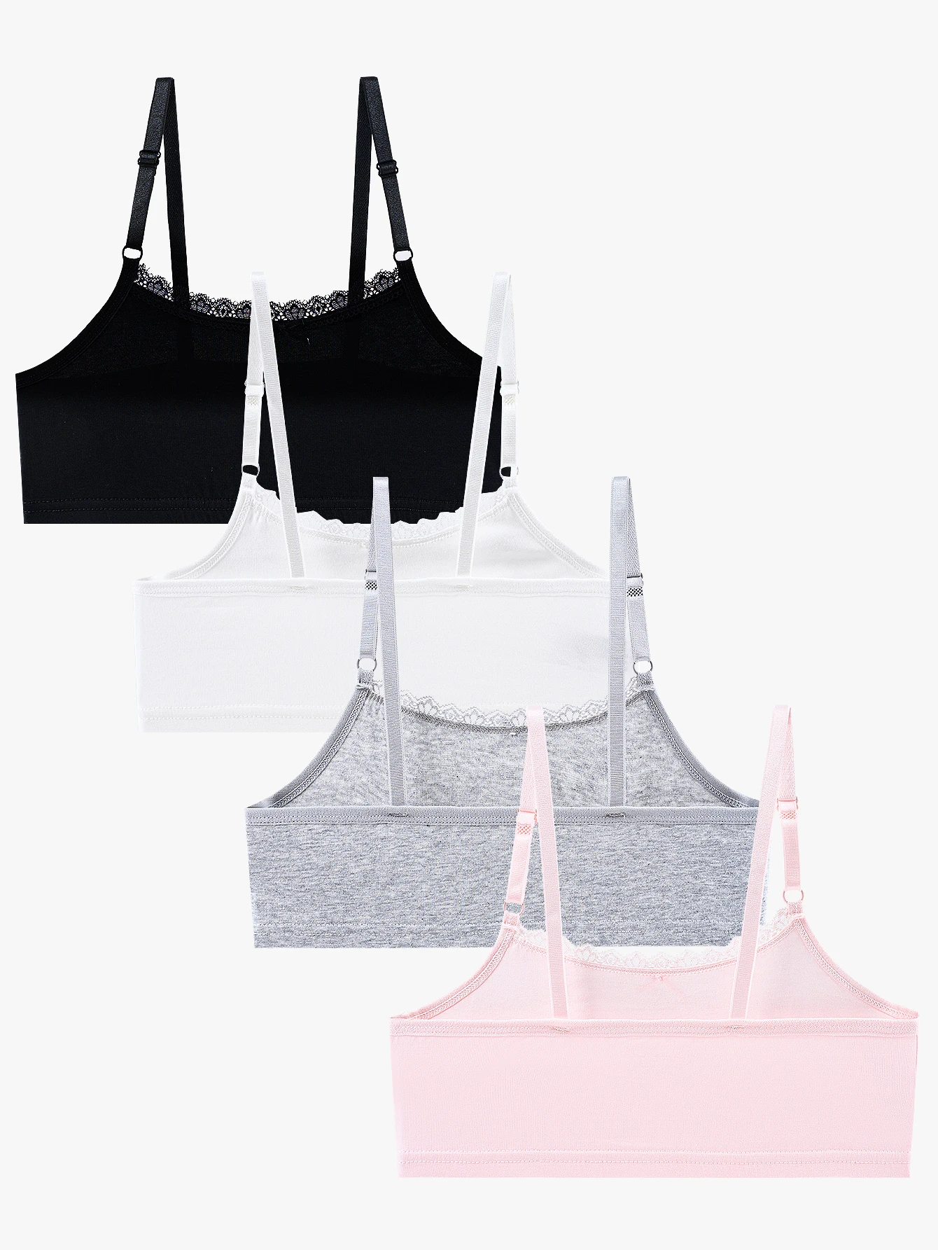 4-piece set of girls' training bras, teenage bras, wireless puberty bras with lace trim, adjustable straps, soft and comfortable