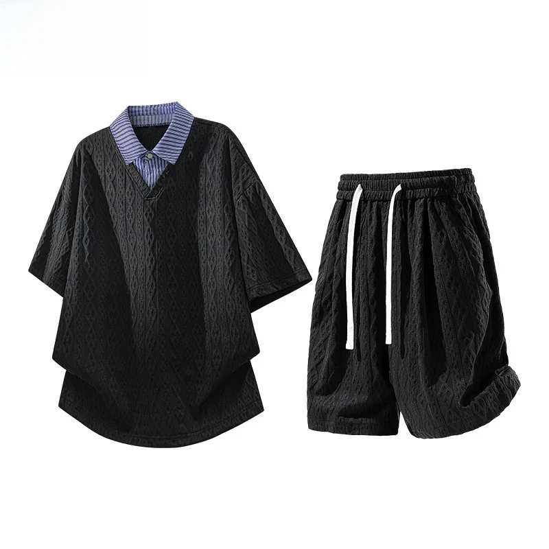 Conjunto Esportivo Casual Masculino Wassup Nuraya: Camiseta de Gola e Shorts de Poliéster de Manga Curta – Novo Estilo de Verão para Adolescentes