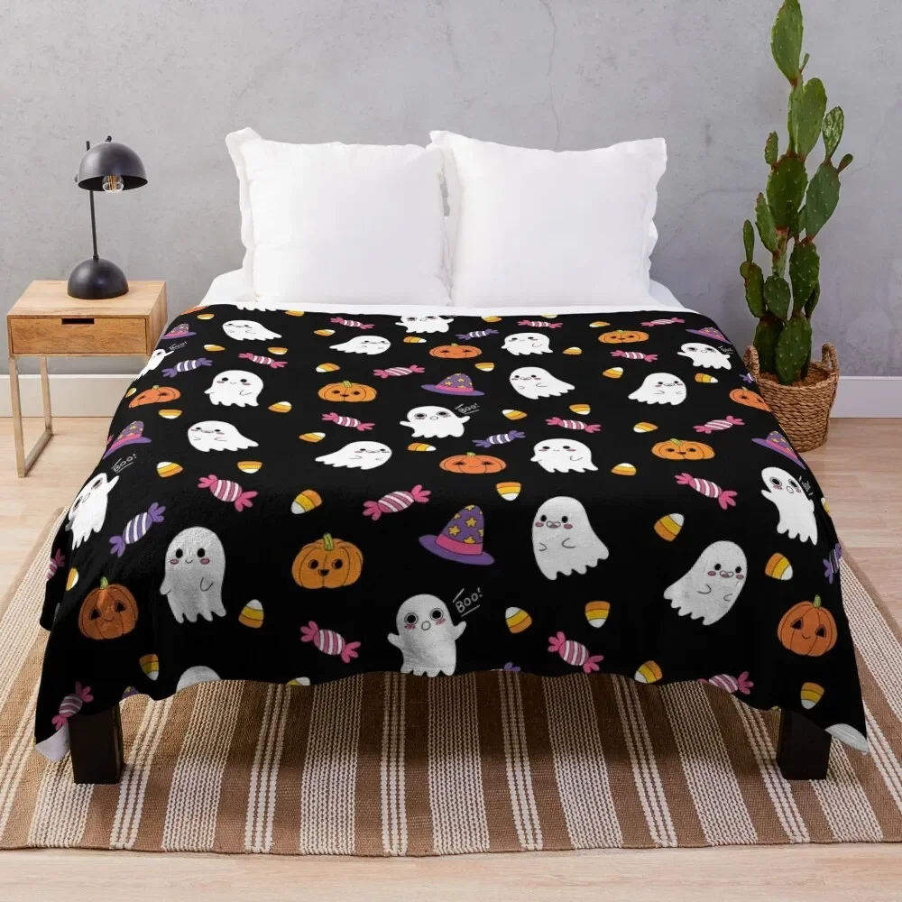 Cute Spoopy Ghosts and Halloween Candy Throw Blanket Thin Weighted Tourist Blankets