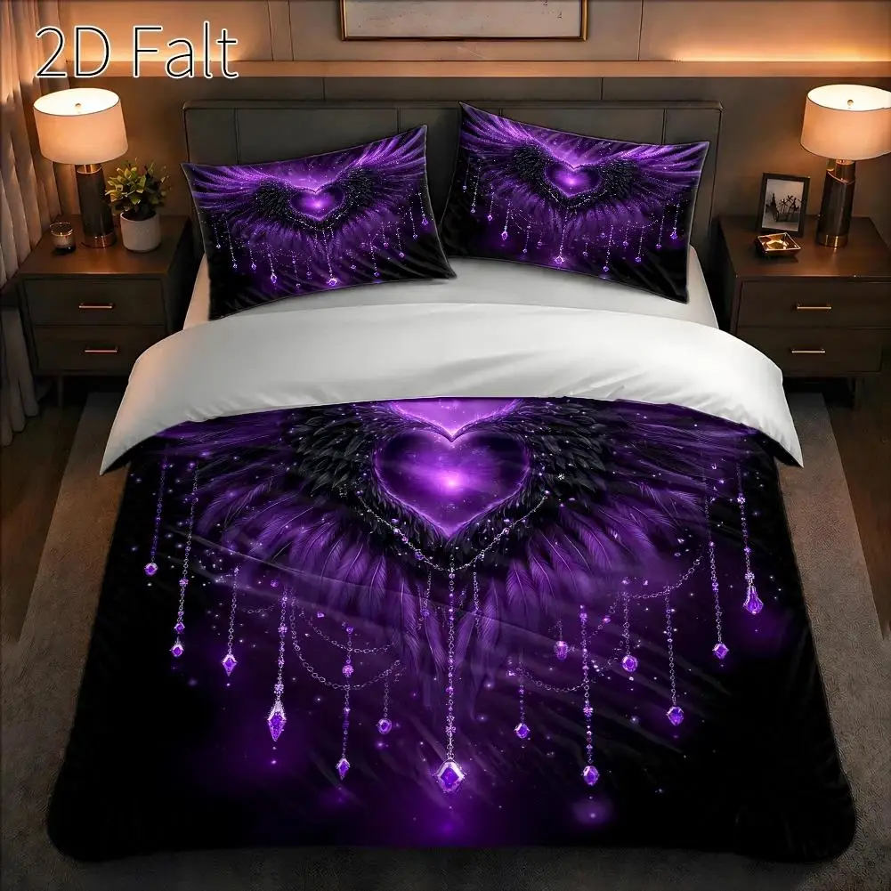 3-Piece Quilt Cover Set, 1 Quilt Cover + 2 Pillowcases (Without Filling), Purple Winged Heart Pattern, Romantic Style, Valentine's Day, Suitable for All Seasons, Machine Washable, Invisible Zipper, Suitable for Master Bedroom, Home, Guest Room, Three-Piece Bedding Set