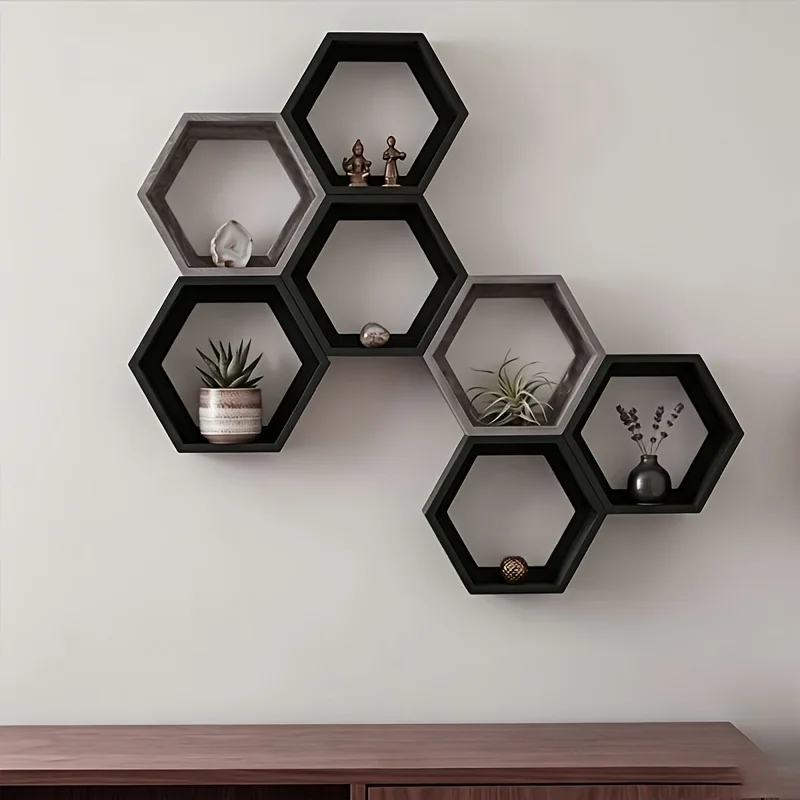 Nordic Hexagonal Floating Shelves Wall-Mounted Storage Rack Creative Geometric Double-Sided Tape Required for Installation